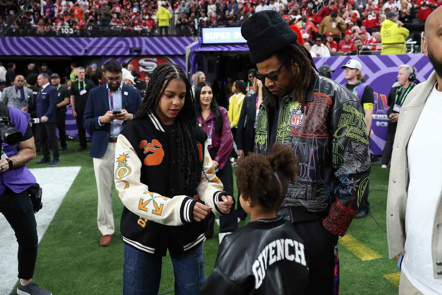 Blue Ivy Carter, Jay-Z and Rumi Carter at the 2024 Super Bowl