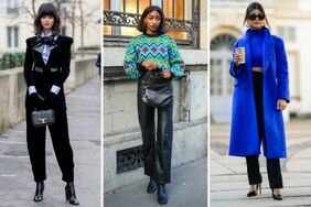 Three women wear black pants outfits for women to try in 2023.