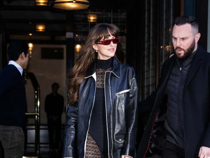 Dakota Johnson sheer dress leather jacket