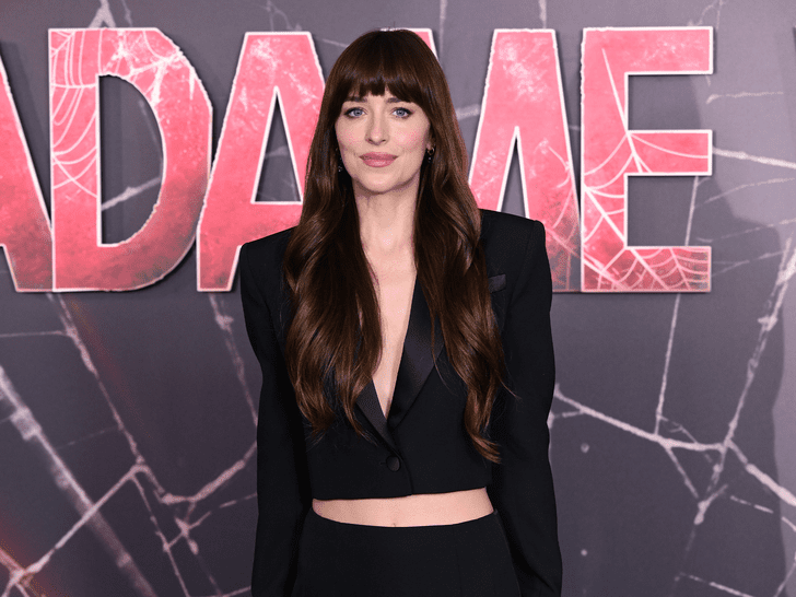 Dakota Johnson wearing a black blazer at the Madame Web premiere