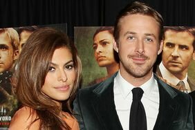 Ryan Gosling in a velvet suit with Eva Mendes in a light orange top