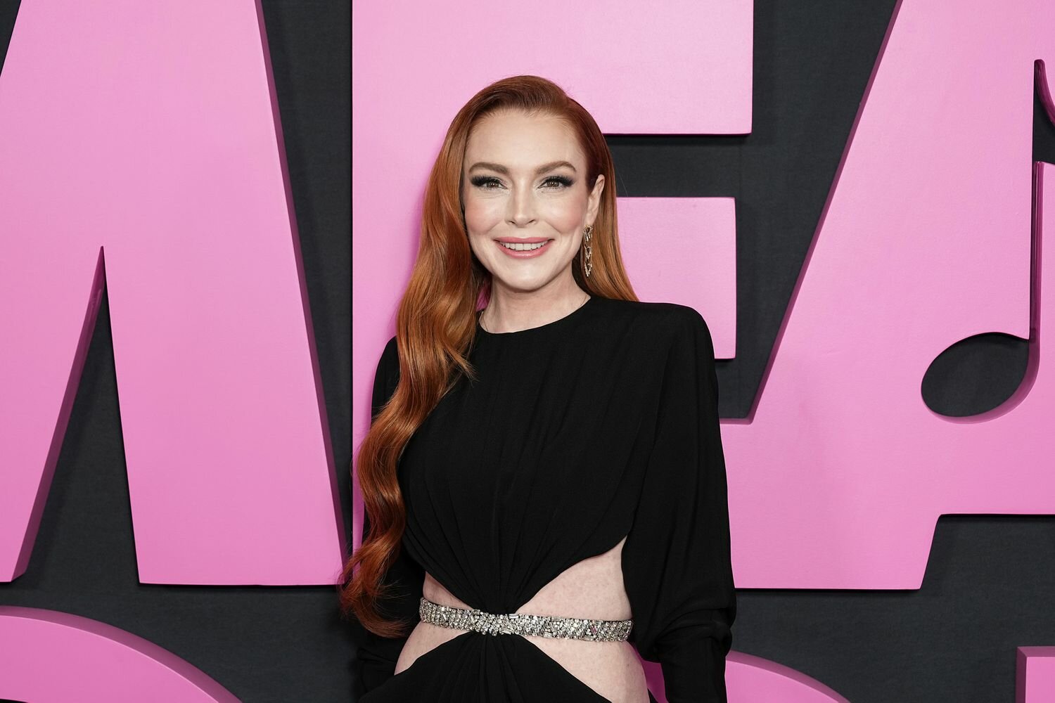 Lindsay Lohan Smiling Black Cut-Out Dress 2024 'Mean Girls' New York City Premiere