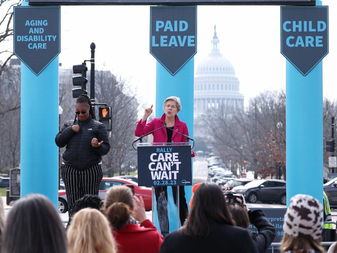 Senator Elizabeth Warren speaks at a rally for better care policies in Washington, D.C.