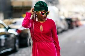 woman wearing a red velvet dress