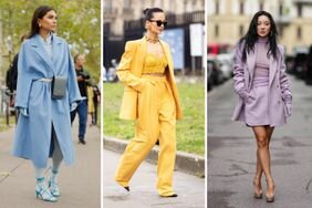 Three women wear pale outwear, monochromatic outfits, and matching gloves, three Libra outfits to try for 2023.