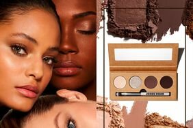 Neutral Eyeshadow Palette next to three models wearing eyeshadow