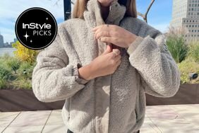 Person wearing Vuori Cozy Sherpa Fleece Jacket