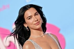 Dua Lipa Soft Smile Hair Blowing in Wind, Silver Hoop Earrings, Diamond Choker, Sparkly Dress 'Barbie' Premiere