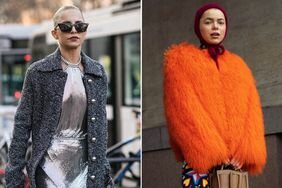 Two women wear disco outfits featuring a halter metallic dress and a shaggy shearling coat.