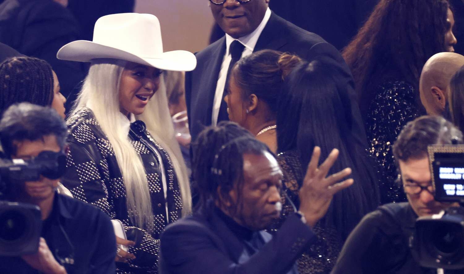 BeyoncÃ© White Cowboy Hat Checkered Suit 2024 Grammys