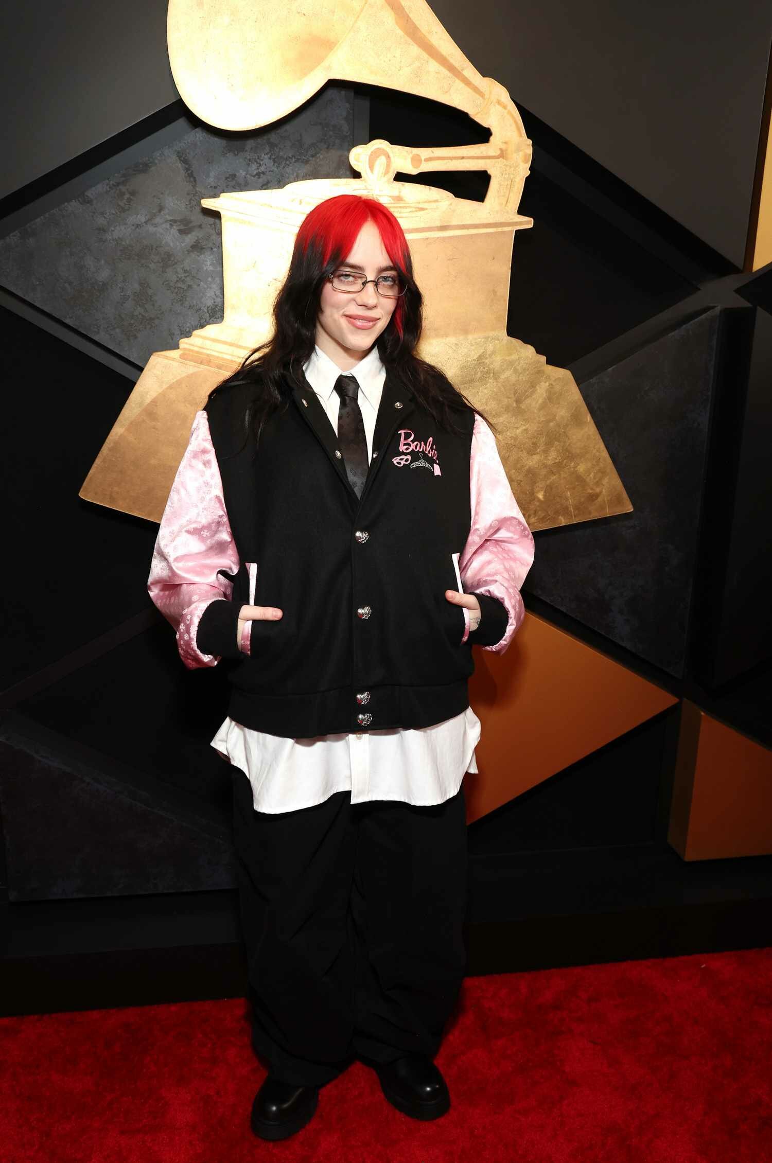 Billie Eilish Smiling Hands in Pocket, Barbie Varsity Jacket 2024 Grammy Awards