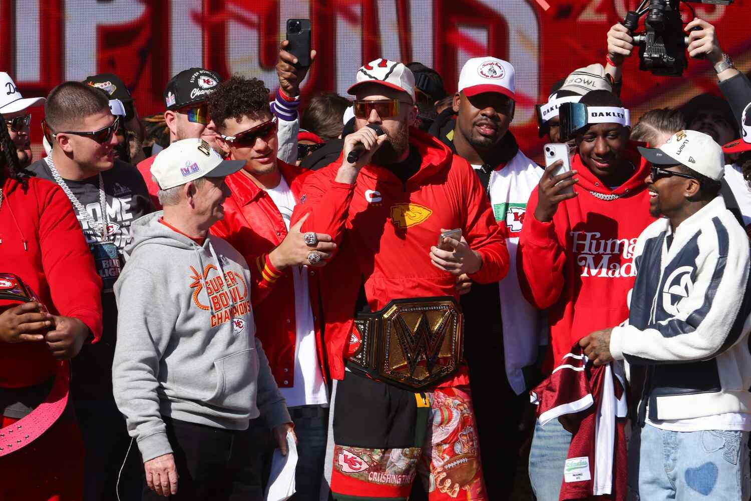 Travis Kelce Patrick Mahomes Kansas City Chiefs Super Bowl Parade