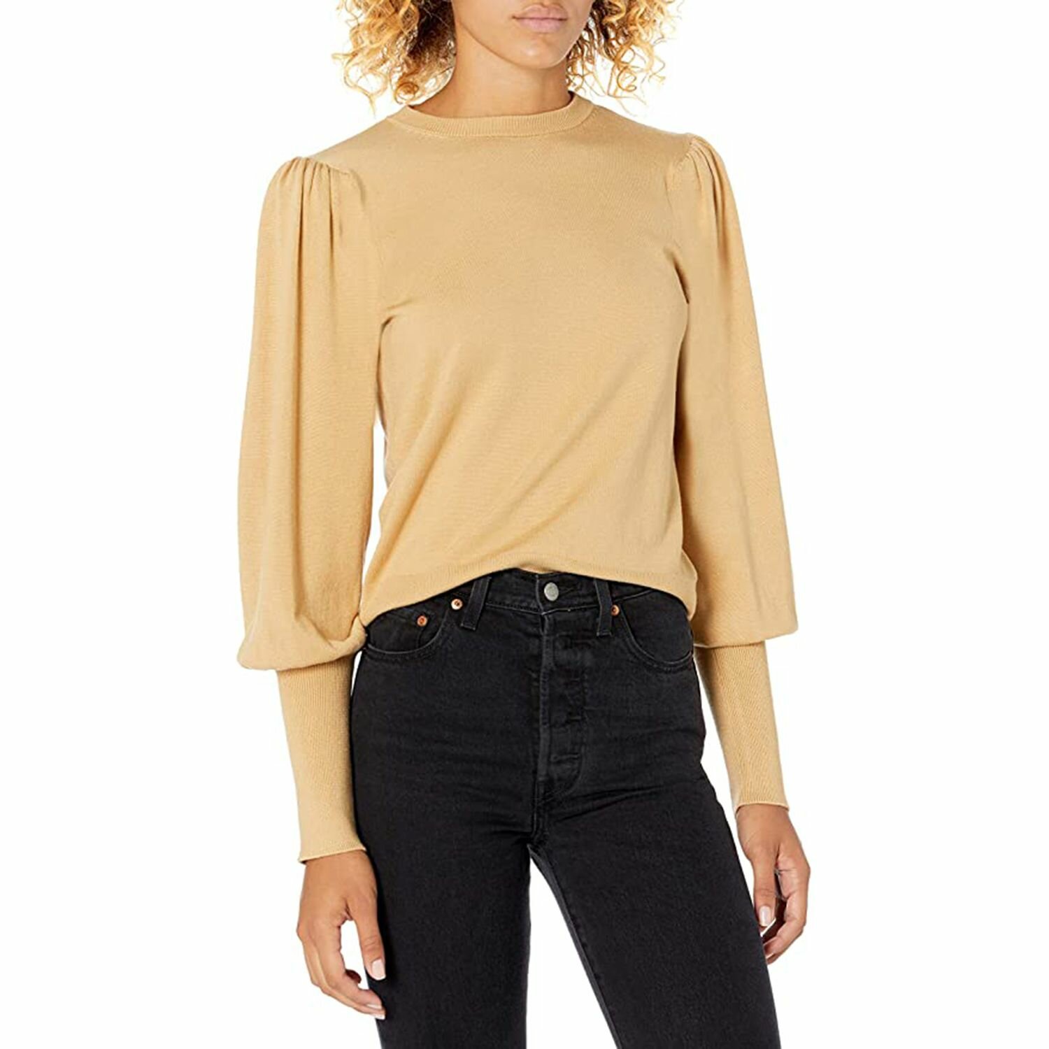 The Drop Women's Vivienne Padded Shoulder Balloon-Sleeve Crew-Neck Sweater