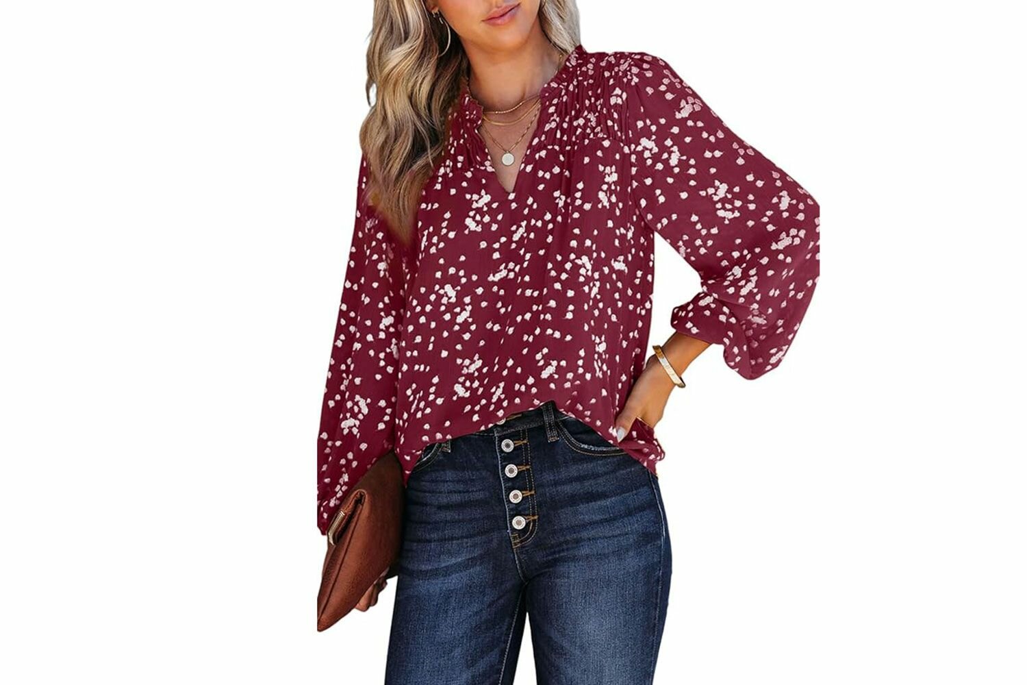 Amazon Dokotoo Women's Casual V Neck Alicia Floral Print Smocked Long Sleeve Chiffon Blouses